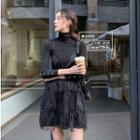 Set: Glittered Sleeveless Dress + Plain Turtle-neck Long-sleeve Slim-fit Knit Top