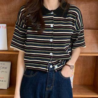 Striped Collared Short-sleeve Cardigan