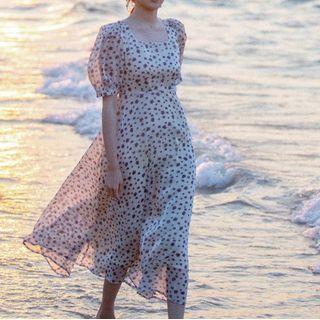 Puff-sleeve Floral Print Open-back A-line Dress