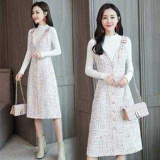 Long-sleeve Ribbed Mock Neck Knit Top / Tweed Buttoned A-line Midi Dungaree Dress