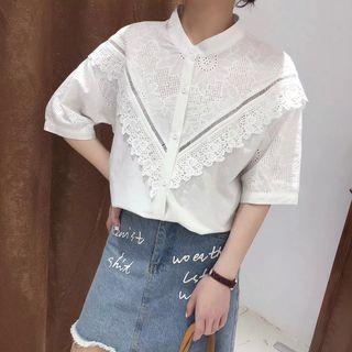 Lace Trim Elbow-sleeve Blouse As Shown In Figure - One Size