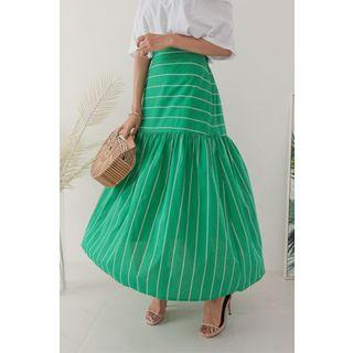 Ruffle-hem Striped Long Skirt