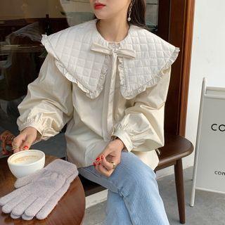 Long-sleeve Tie Neck Collared Plain Blouse