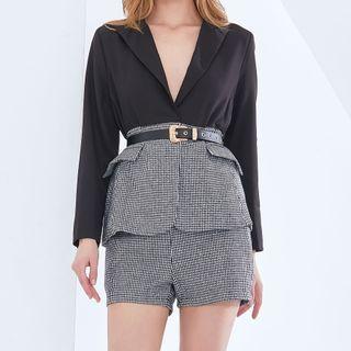 Set: Long-sleeve Open-collar Plunge Blouse + High Waist Check Shorts