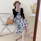 Tie-strap Floral Print Midi A-line Dress / Cropped Cardigan