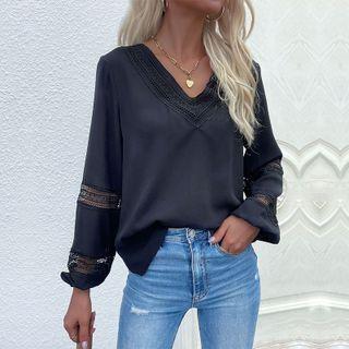 V-neck Lace-paneled Long Sleeve Blouse