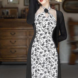 Set: Halter-neck Floral Print Panel Midi A-line Dress + Ribbed Cardigan