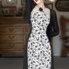 Set: Halter-neck Floral Print Panel Midi A-line Dress + Ribbed Cardigan