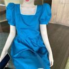 Faux Pearl Square-neck Puff-sleeve Mini A-line Dress