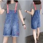 Set: Striped Short Sleeve T-shirt + Heart Embroidered Dungaree Shorts