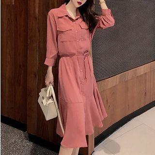 Ruffle Hem 3/4-sleeve Midi Shirtdress