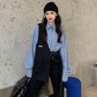Asymmetric Applique Drawstring Vest / Long-sleeve Striped Shirt + Striped Tie