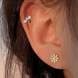 Bee & Flower Asymmetrical Sterling Silver Earring
