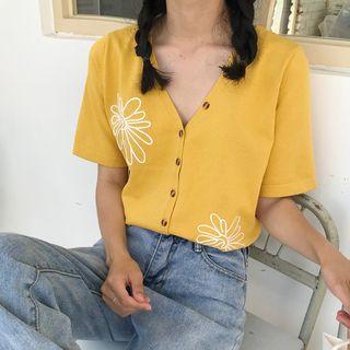 Flower Embroidered Short-sleeve V-neck Buttoned Top