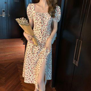 Puff-sleeve Square Neck Drawstring Floral Split Dress