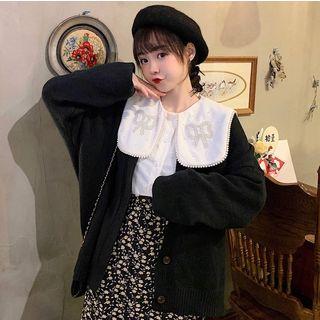 Lantern-sleeve Peter Pan Collar Blouse / Plain Cardigan / High-waist Floral Skirt
