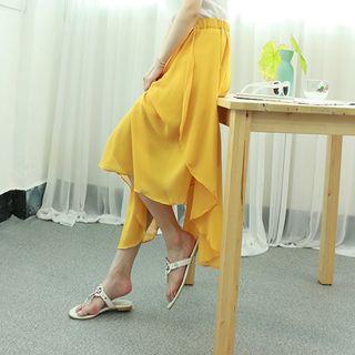 Band-waist Asymmetric-hem Chiffon Long Skirt