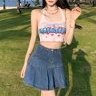 Halter Neck Lettering Crop Tank Top / Pleated Denim Mini A-line Skirt