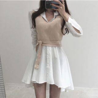 Long-sleeve Mini A-line Shirtdress / Tie-waist Knit Vest