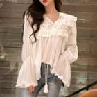 Embroidered Collar Bell-sleeve Chiffon Blouse White - One Size