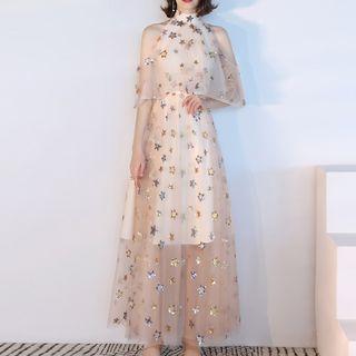 Sequined Cold Shoulder Elbow-sleeve A-line Evening Gown