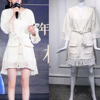 3/4-sleeve Fringed Hem Dress