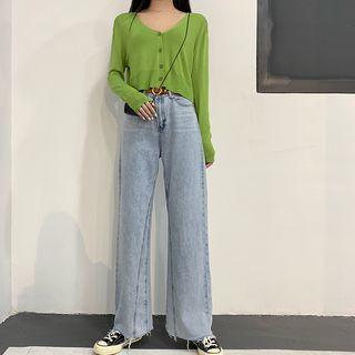 Plain V-neck Knit Top / Wide Leg Jeans