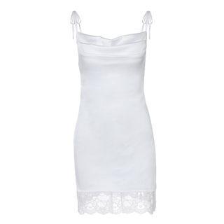 Spaghetti Strap Draped Lace Trim Mini Sheath Dress