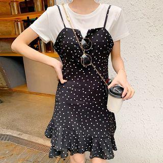 Set: Plain Short-sleeve T-shirt + Dotted Spaghetti Strap Dress Set - As Shown In Figure - One Size