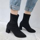 Elastic Suede Block Heel Pointy Ankle Boots