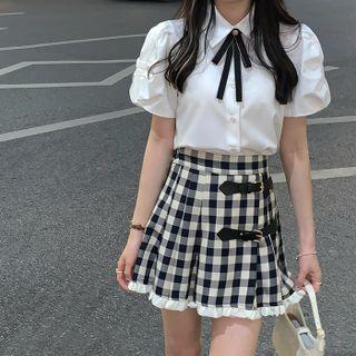 Gingham Mini Skirt / Short-sleeve Bow Shirt