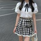 Gingham Mini Skirt / Short-sleeve Bow Shirt