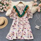 Round-neck Contrast Trim Panel Print Puff-sleeve Dress Pink & Purple - One Size