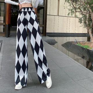 High Waist Diamond Pattern Wide Leg Pants
