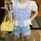 Short-sleeve Mock Two-piece Top Plaid - White & Blue - One Size