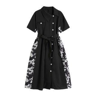 Short-sleeve Floral Print Panel Midi Shirtdress