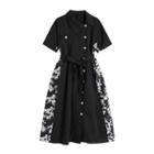 Short-sleeve Floral Print Panel Midi Shirtdress