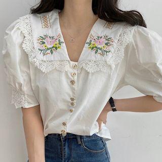 Peter Pan Collar Embroidered Blouse White - One Size