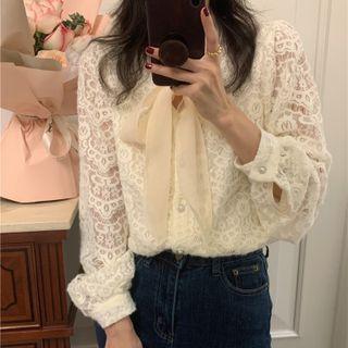 Ribbon Tie-neck Lace Blouse White - One Size