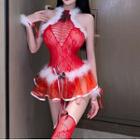 Halter Neck Perforated Furry Trim Bow Accent Dress Christmas Set (various Designs)
