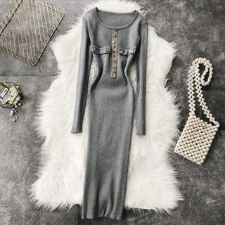 Long-sleeve Button-detail Knit Dress