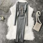 Long-sleeve Button-detail Knit Dress