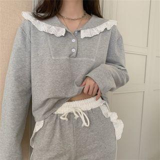 Lace-trim Collar Long-sleeve Sweatshirt / Drawstring Lace-trim Sweatpants