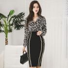 Leopard Print Shirt/ Contrast-trim Pencil Skirt