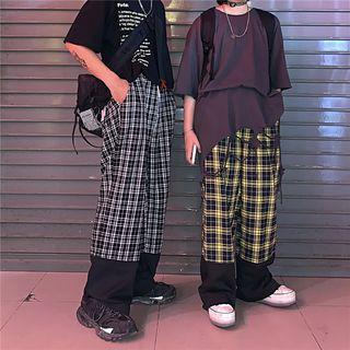 Plaid Paneled Wide-leg Pants