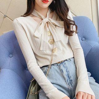 Ribbon Choker Buttoned Rib Knit Top