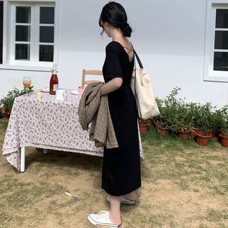 Open-back Side-slit Midi Dress With Sash Black - One Size