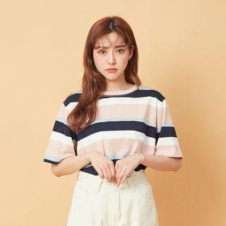 Short-sleeve Striped T-shirt Pink - One Size