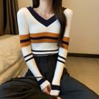 V-neck Color-block Striped Knit Top