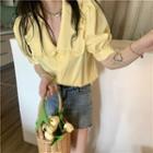 Short-sleeve Ruffle-collar Button-detail Blouse Yellow - One Size